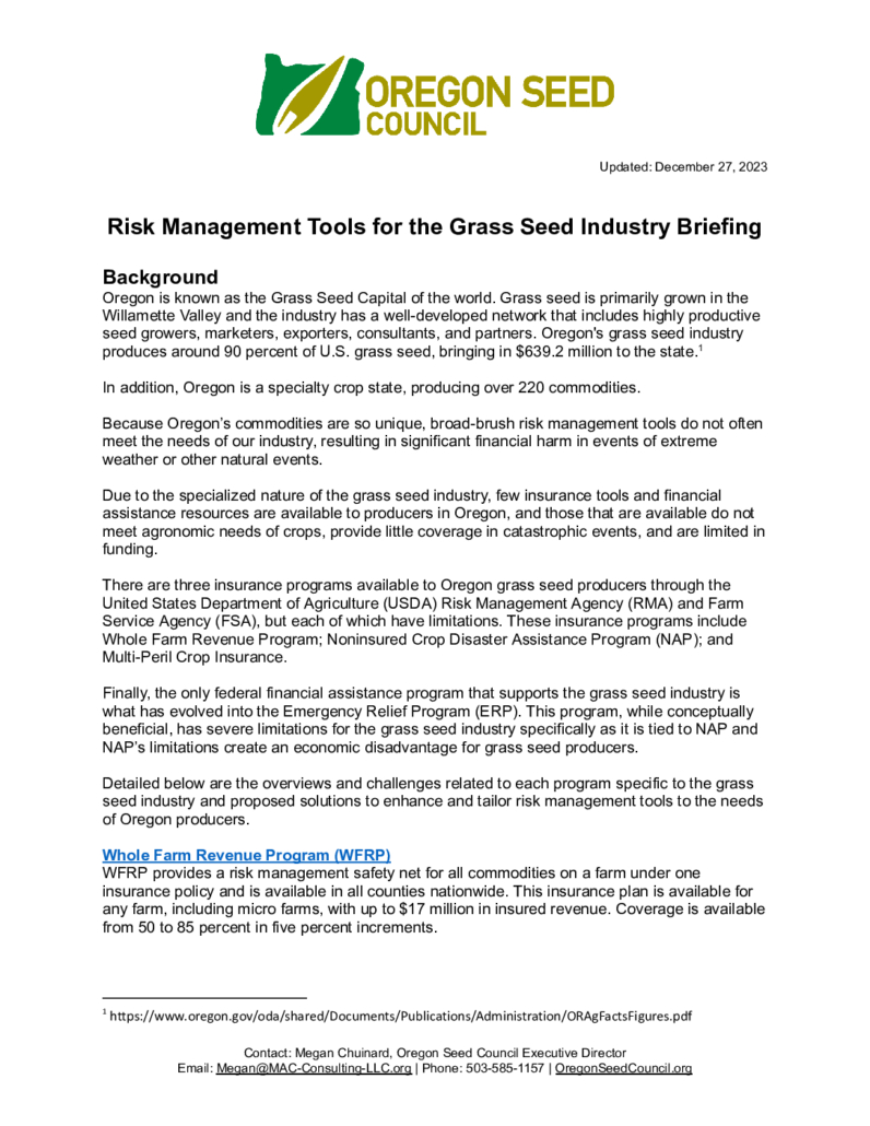 thumbnail of Updated Risk Management Tools for the Grass Seed Industry Briefing